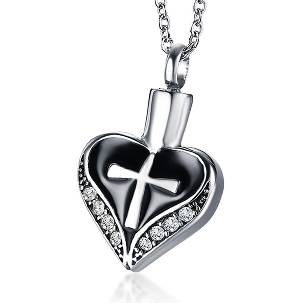 Heart Ashes Cremation Locket, Personalised, Cross & Cubic Zirconia