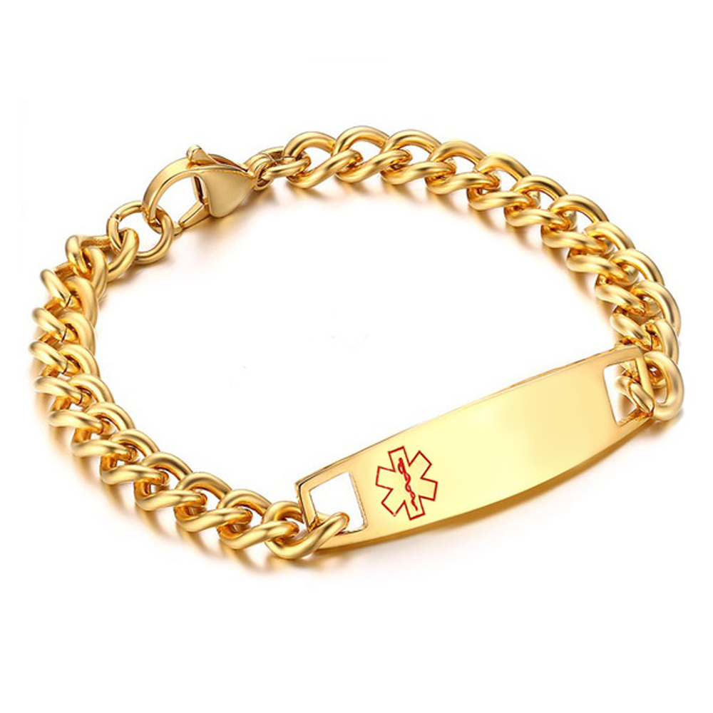 Mens Medical Alert Bracelet, Personalised, Gold Colour Stainless Steel, 8.25 inches