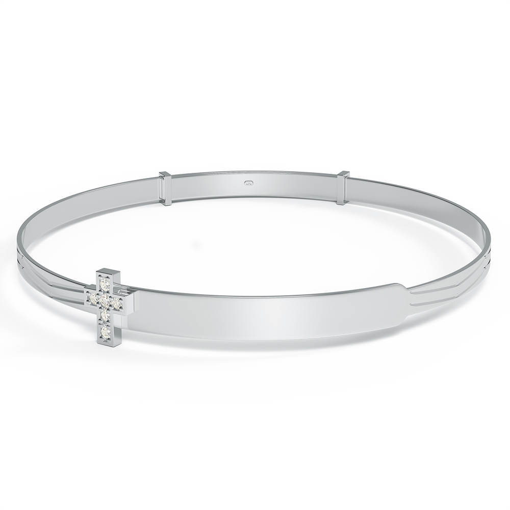 9ct White Gold Babies Bangle with Cross, Personalised, Cubic Zirconia Cross