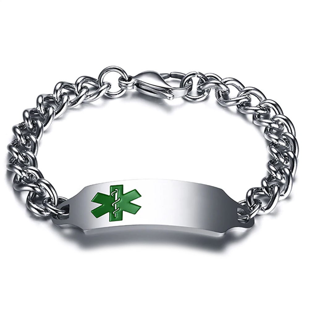 Mens Medical Alert Bracelet, with Personalisation, Green EMS Logo