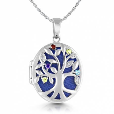 Tree of Life Locket, Personalised, Colour Cubic Zirconia & Silver Silver