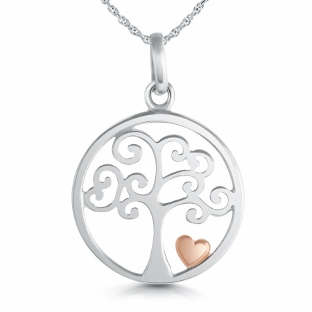 Tree of Life Necklace, with Rose Gold Heart, Sterling Silver