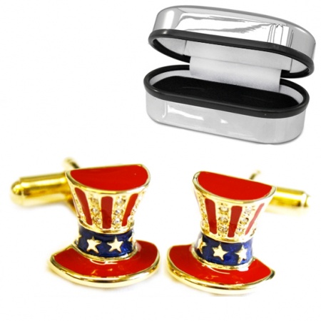 Uncle Sam Hat Cufflinks, Gold Plated, Enamel & Crystals (can be personalised)